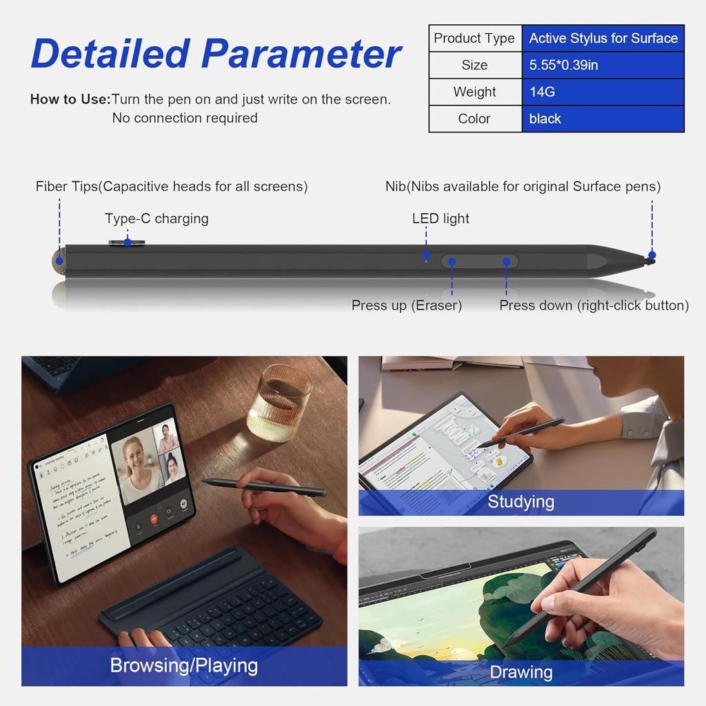 Stylus Pen for Microsoft Surface with 4096 Pressure, Eraser & Right-Click, Palm Rejection, 3 Replaceable Nib, for Surface Pro