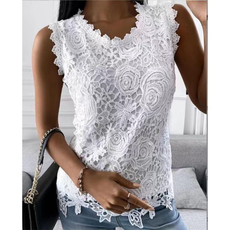 Women's Clothing Summer T-Shirts Top Solid O Neck Vest Lace Shirt