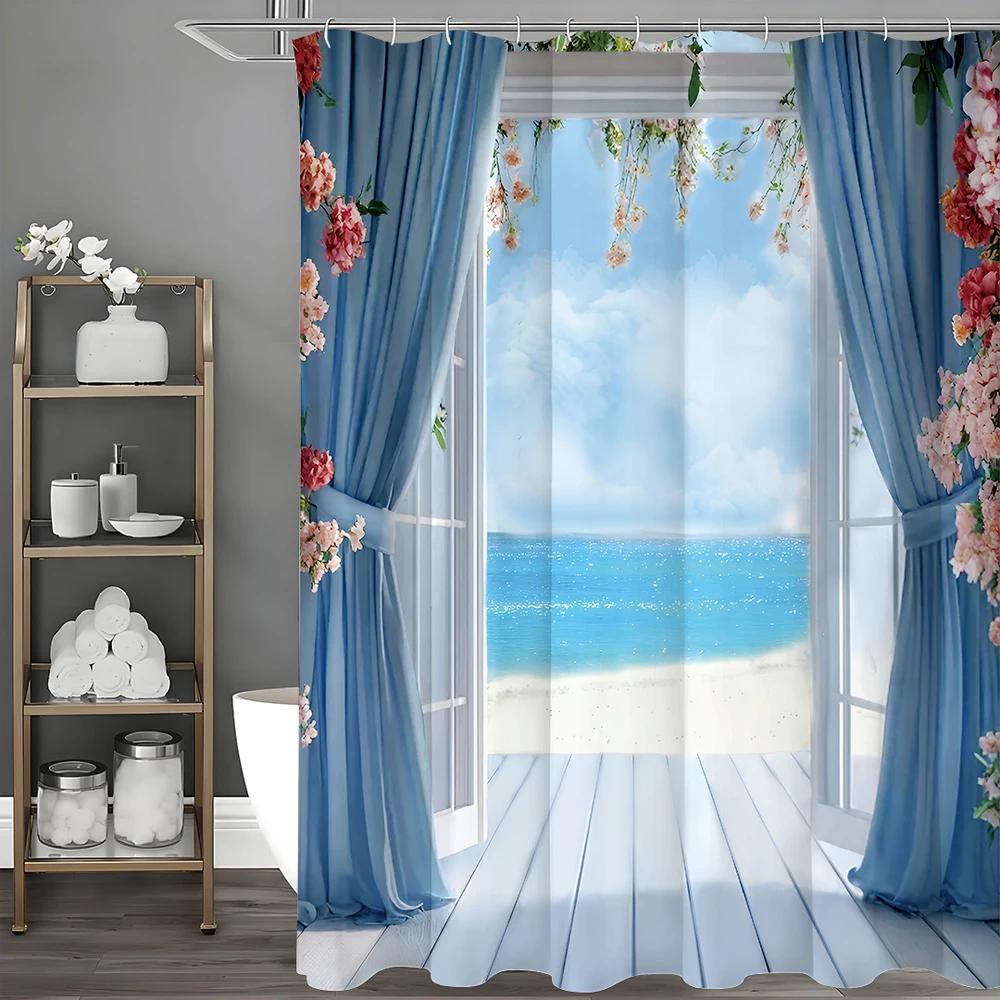 Ocean Blue Curtain Plank Beach Floral Shower Curtain, Bathroom Decorative Shower Curtain, Waterproof Shower Curtain with Hooks