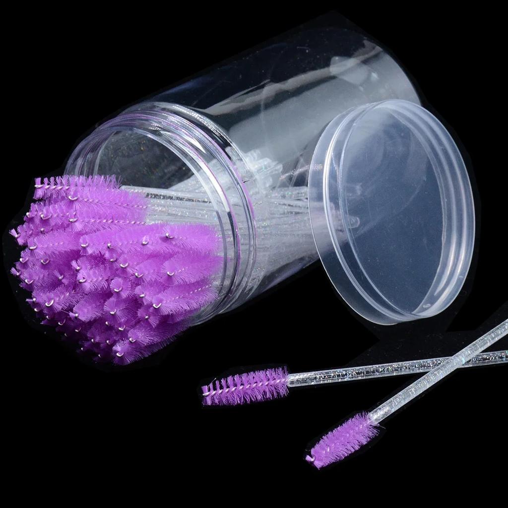 CNKESS 50Pc bags/cans Disposable Eyelash Extension Mascara Wand Glitter Micro Lash Brushes Spoolie With Container Case Wholesale
