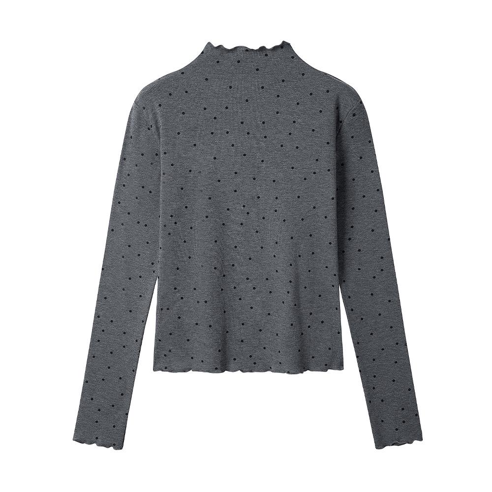 Miu Style Polka Dot Ruffle Long Sleeve Women's T-Shirt - Slim Fit, Half-High Neck, Perfect for Autumn/Winter.