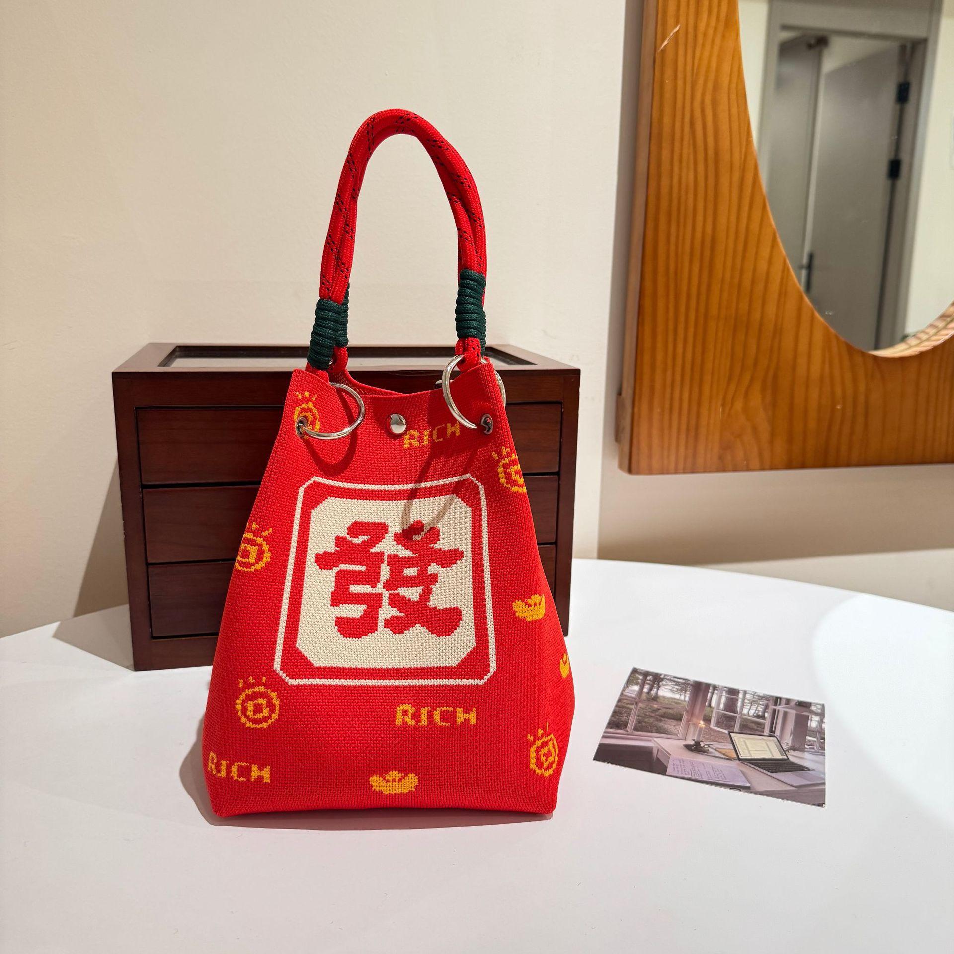 New knitted hand bag women s magnetic buckle red handbag large capacity shopping versatile hand bag women