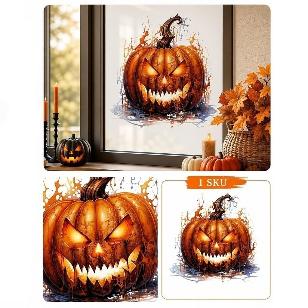 Halloween Removable Wall Sticker Watercolor Splatter Pumpkin Face Static Cling Window Decoration for Autumn Holiday Display