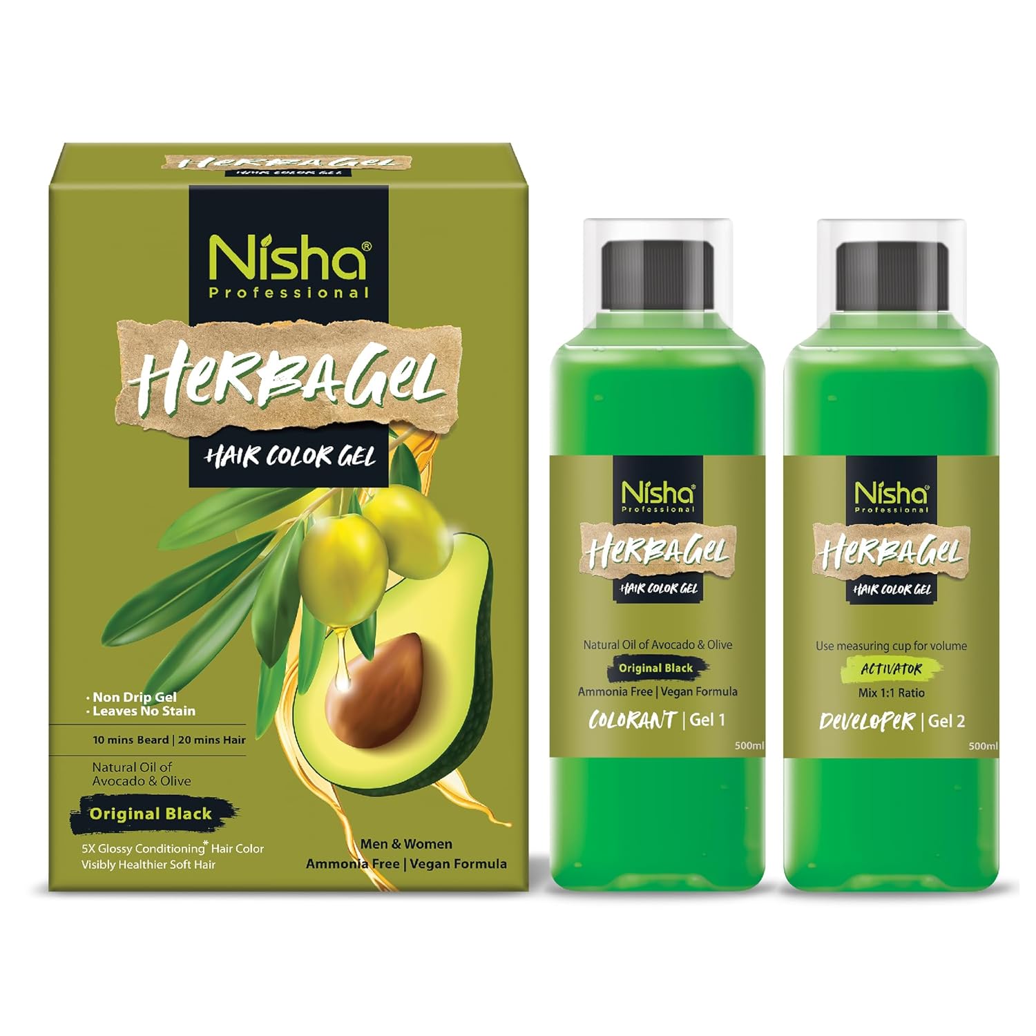 

Nisha Herba Gel Hair Colour Gel Original Black 500ml+500ml Non-Drip Vegan Formula Long-Lasting Shine