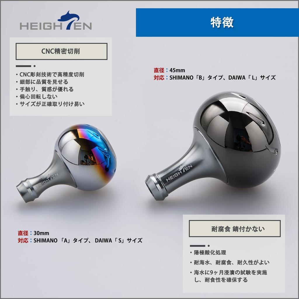 HEIGHTEN 45mm Power Reel Handle Knob, 4 Colors, Compatible with Shimano B-Type and Daiwa L-Size Aurora Series (Black & Gunmetal) (718)
