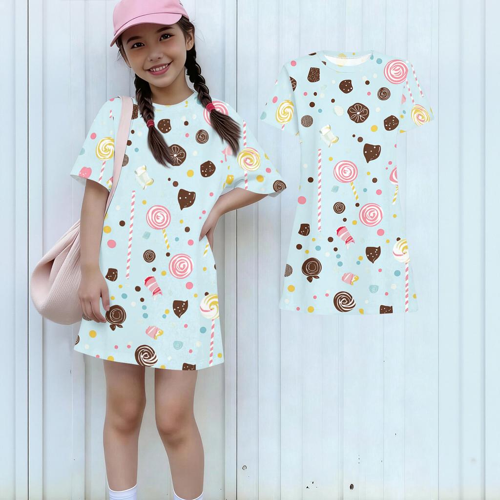 Girls Print Casual Dress Kids Loose Round Neck Short Sleeve Thin Sundress