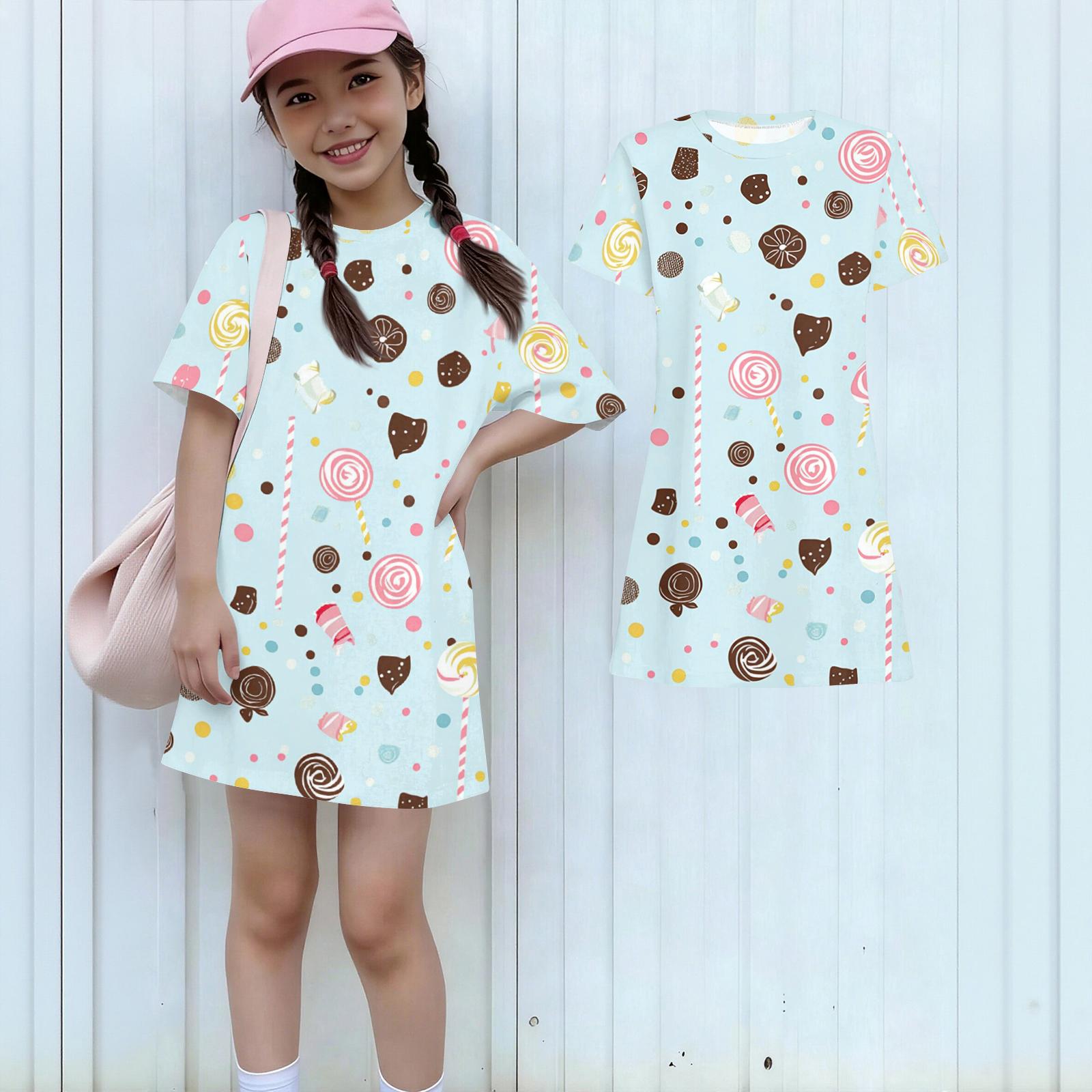 Girls Print Casual Dress Kids Loose Round Neck Short Sleeve Thin Sundress 100