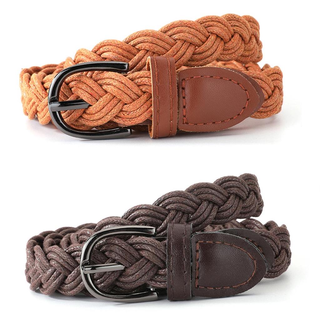 Women's Classic Retro Wax Cord Belt with Gun Black Buckle - Stylish, Thin Leather Belt for Pants & Skirts