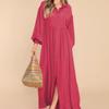 Women's Casual Button-Lapel Solid Color Pleated Long Sleeve Maxi Dress