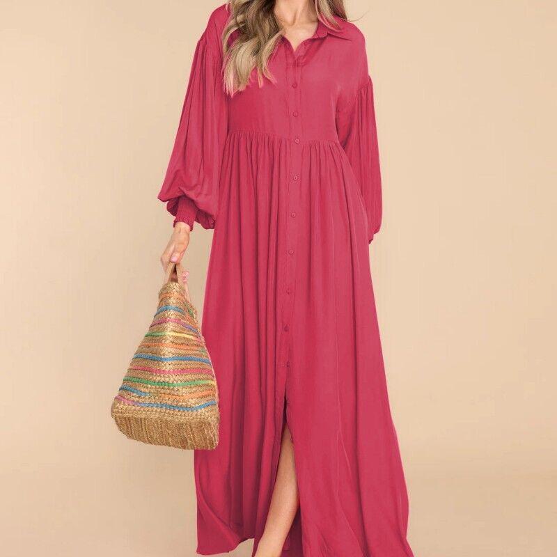 Women's Casual Button-Lapel Solid Color Pleated Long Sleeve Maxi Dress