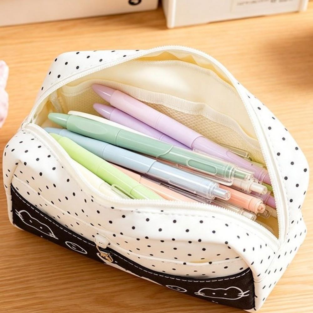 Cat Pattern Pencil Bag Blue Polka Dot Stationery Bag Stationery Organizer Pencil Case  Office