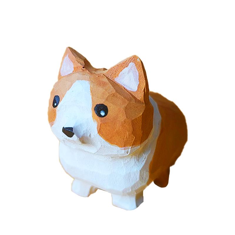 Corgi Solid Wood Hand-Carved Puppy Ornament – Desktop Decoration or Pendant