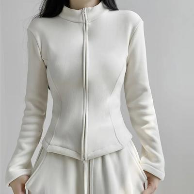 Women Stand Collar Fleece Jacket Lady Girls Zip-up Sport Style Yoga Jacket Solid Cardigan Jacket