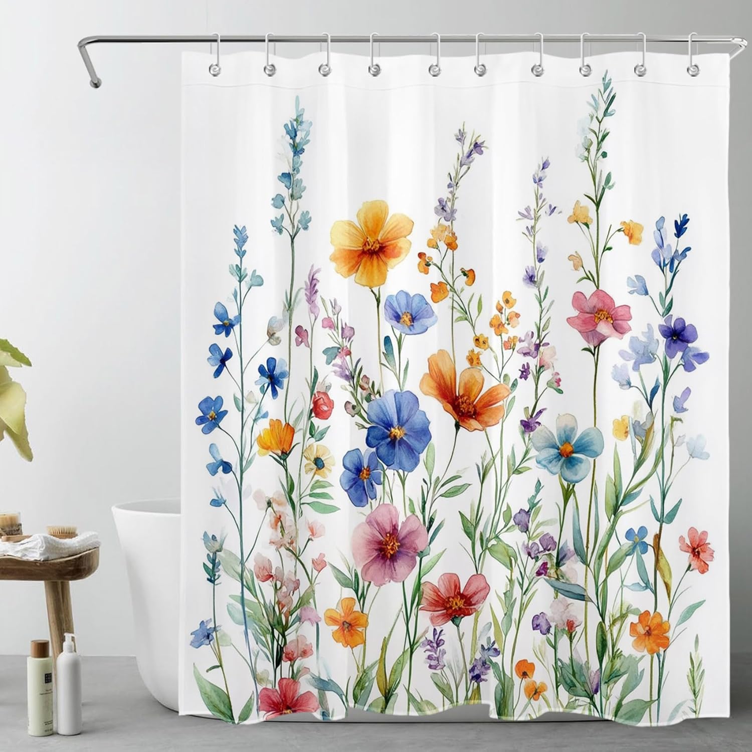 

Farmhouse Floral Shower Curtain For Bathroom,Nature Colorful Wildflower And Green Botanical On Beige Fabric Shower Curtain With W60H190(CM)-1 Pcs