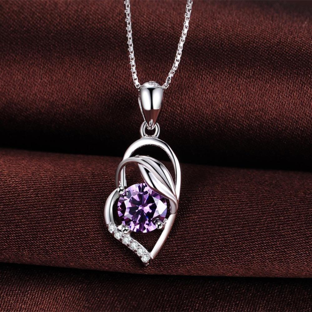 

925 Sterling Silver Amethyst Heart Necklace Dainty Zircon Pendant for Women Fashion Jewelry