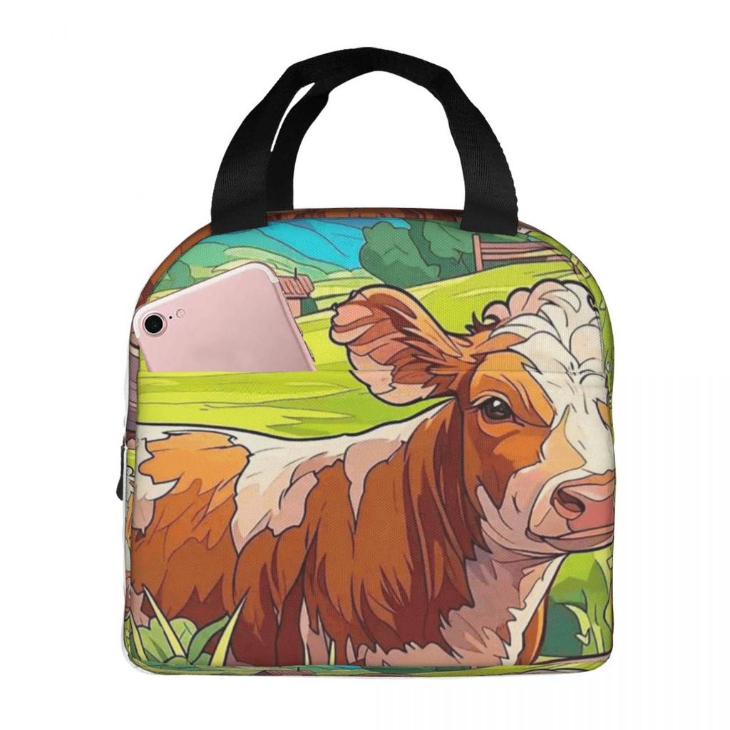 Cute Cow Fence Flower Pattern Insulated Lunch Bag for Kids School Cooler Thermal Food Box Tote Portable Lunch Boxes Container