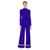 Womens Worship Dance Romper Long Sleeve Back Zip Up Shiny Sequin Ruffled Mesh Trim Wide Leg Pants Jumpsuit