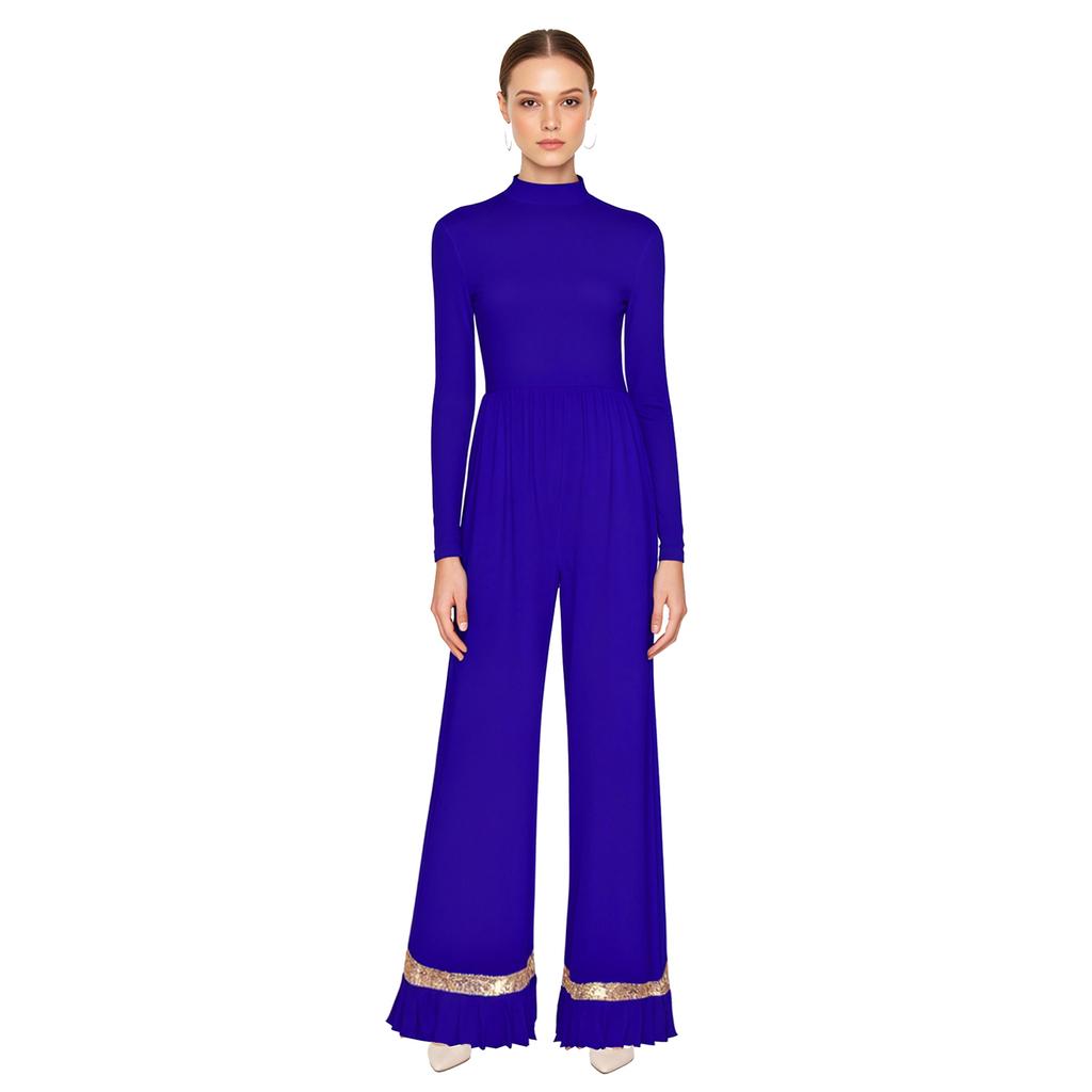 Womens Worship Dance Romper Long Sleeve Back Zip Up Shiny Sequin Ruffled Mesh Trim Wide Leg Pants Jumpsuit