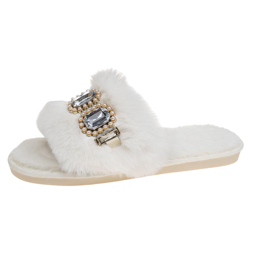 Fashion Winter Women's Home Faux Fur Warm Open Toe Slippers Fashionable Crystal Decorated Flat Bottom Lightweight Comfortable Slippers