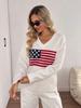Women's V-Neck Sweater Loose Long Sleeve Pullover Knit Top Flag Print Plus Size Fall Winter