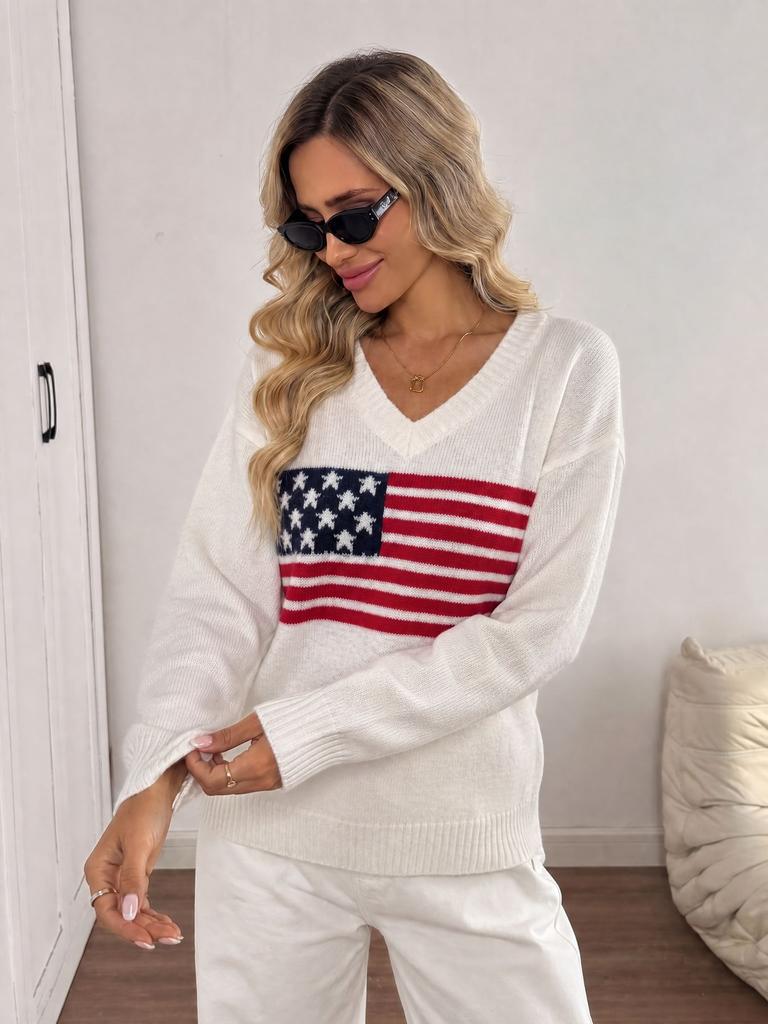 Women's V-Neck Sweater Loose Long Sleeve Pullover Knit Top Flag Print Plus Size Fall Winter