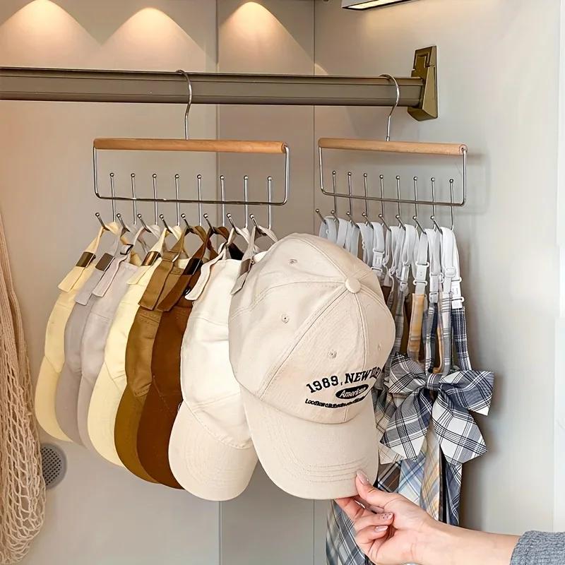 1pc Versatile Wooden Hat Organizer Rack with Hooks – Ideal for Caps, Belts, Ties, and Accessories Storage – Space-Saving