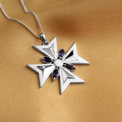 Halskette mit Iolith-Malteserkreuz-Anhänger, reines 925er Sterlingsilber, handgefertigter Schmuck