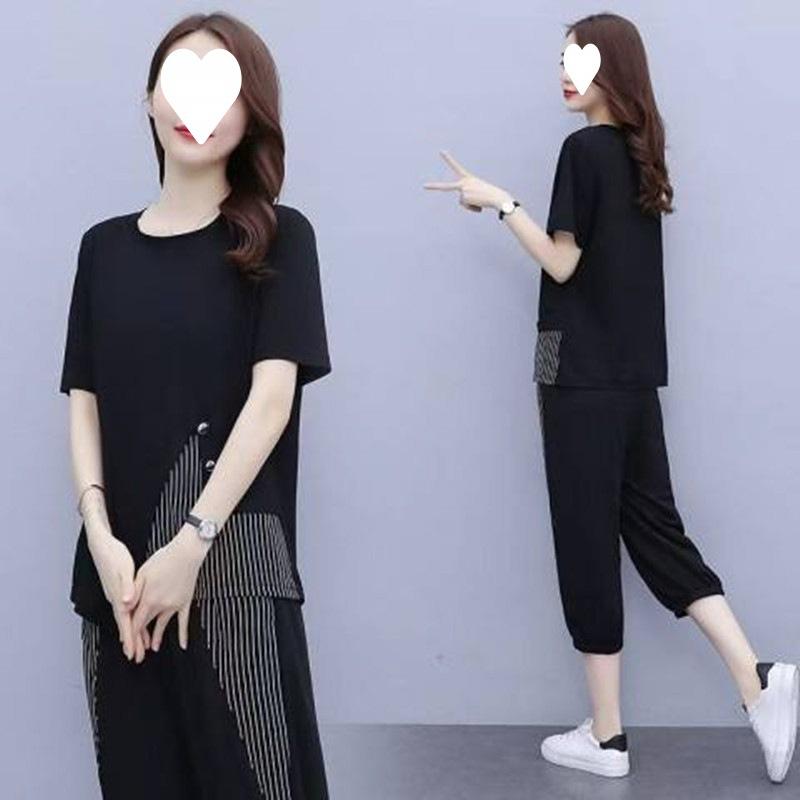 Trendy Casual Sports Suit for Women, Loose Plus Size Women's Slimming Summer Dress, Short-sleeved Women's Cropped Pants Two-piece Set