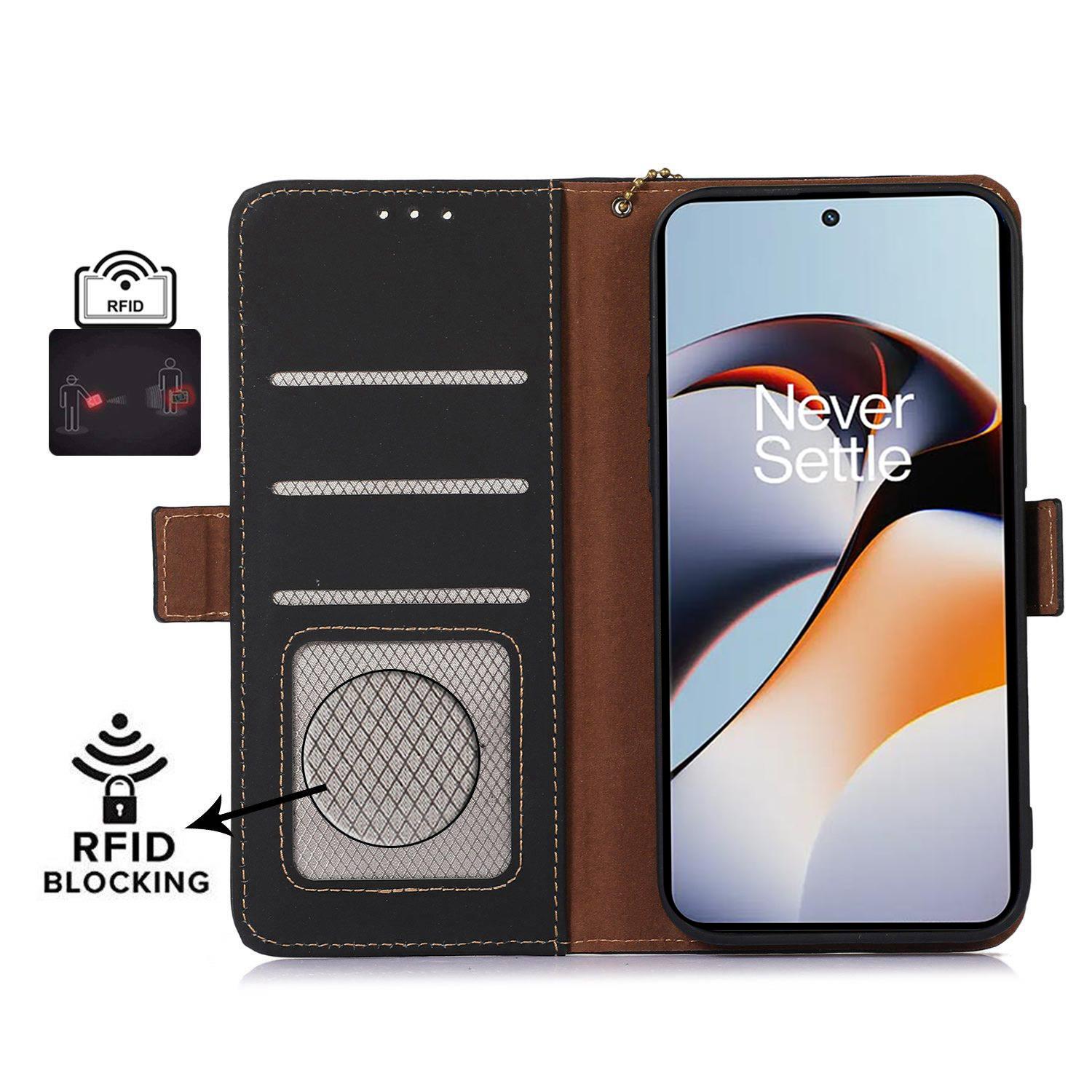 

For OnePlus Nord 3 5G/Ace 2V Wallet Phone Case Genuine Cow Leather RFID Blocking Stand Cover Black