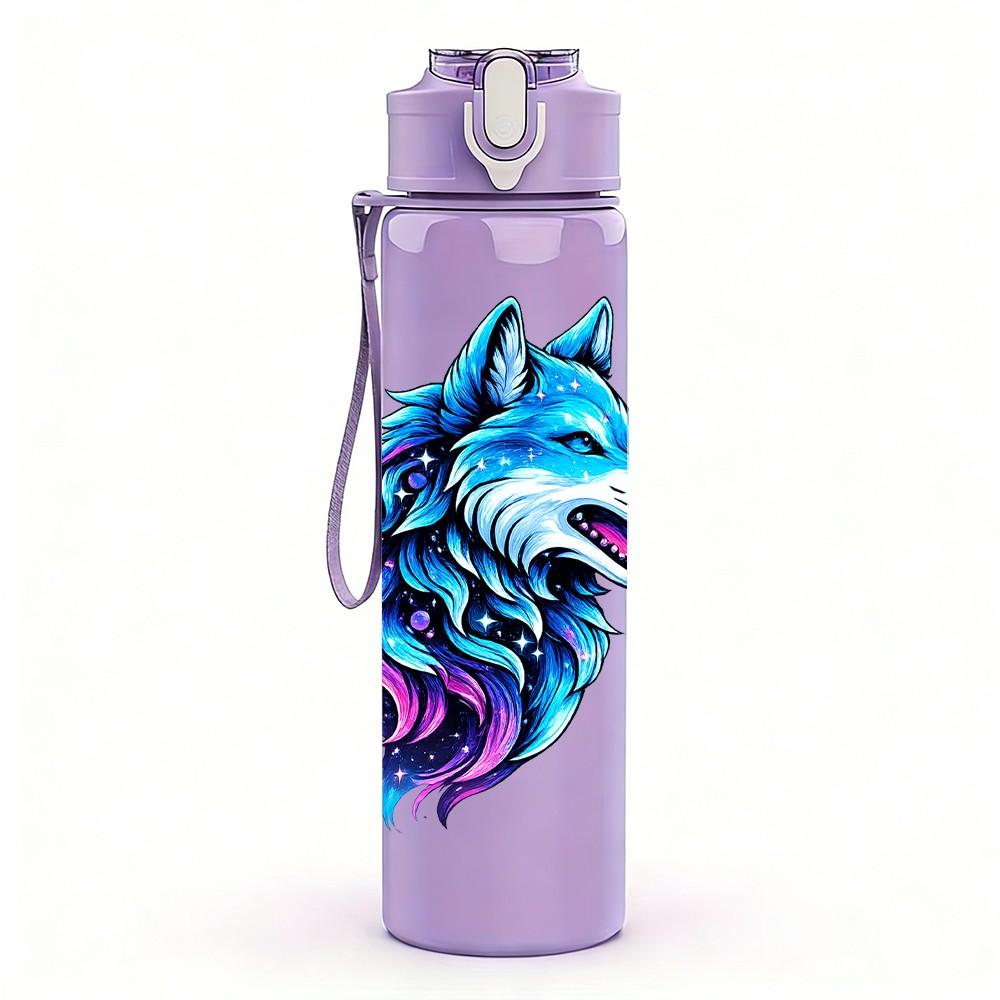 1PC Blue Purple Wolf Fantasy Animal Print 750ml Color Plastic Sports Water Bottle Leakproof Flip Straw Lid Suitable for Sports Office Home Use