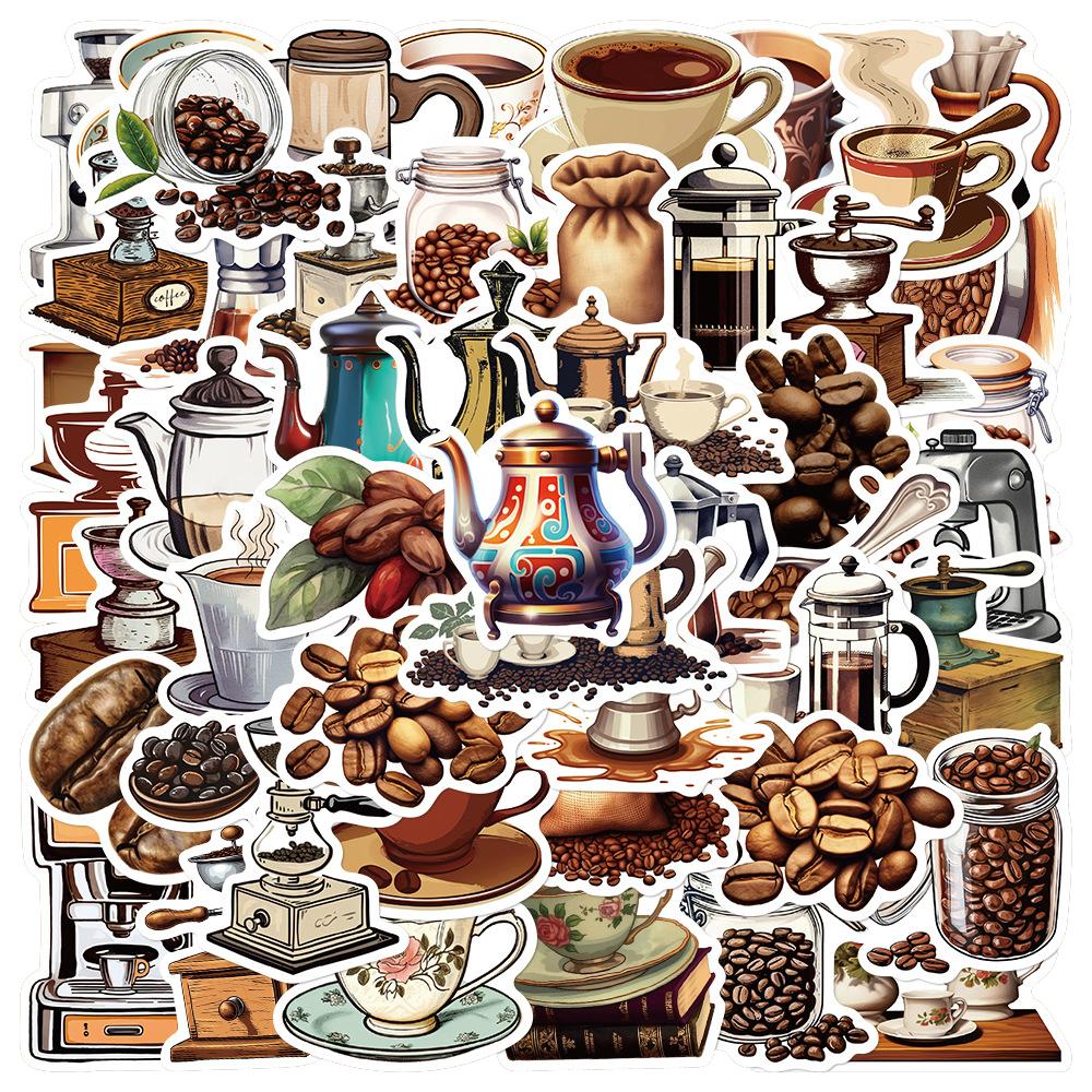 10/30/50pcs Vintage Coffee Machine Stickers Coffee Beans Graffiti Decals DIY Luggage Stationery Skateboard Retro Cartoon Sticker