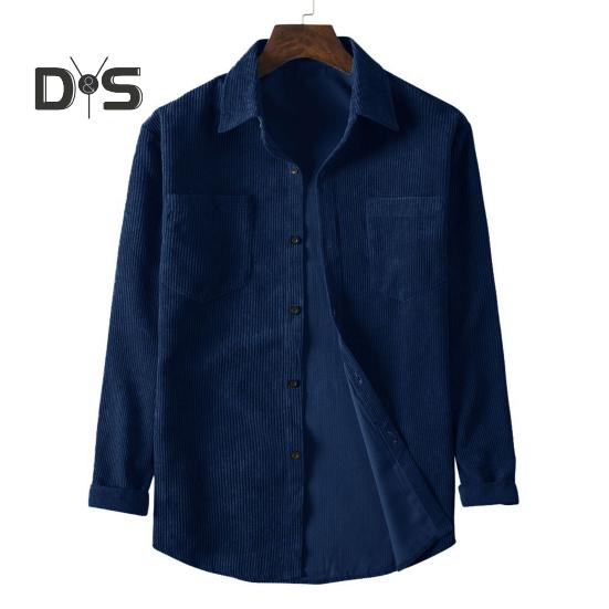 

Мужская вельветовая рубашка с отложным воротником, однобортный однотонный свободный кардиган в стиле ретро средней длины с нагрудными карманами, топ для повседневной носки в дорогу M темно-синий