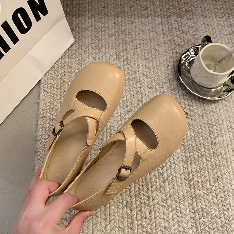 Fashion Women Ballets Flats Shoes Real Leather Cross Strap Classic Ballerinas Low Heels Shoes Casual Daily Dress