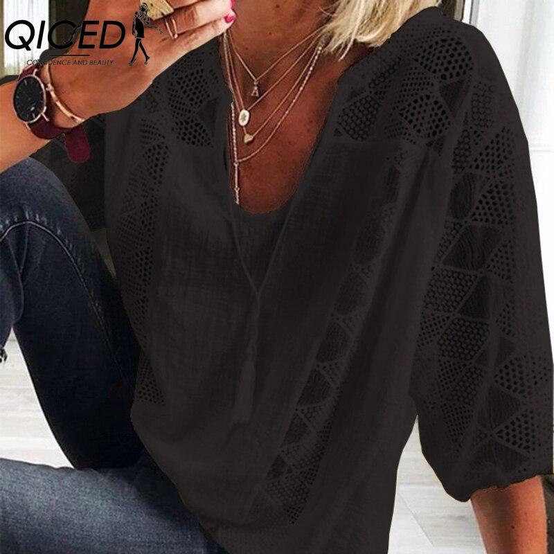 QICED Women's Fashion Casual Solid Color Print V Neck Blouses & Shirts