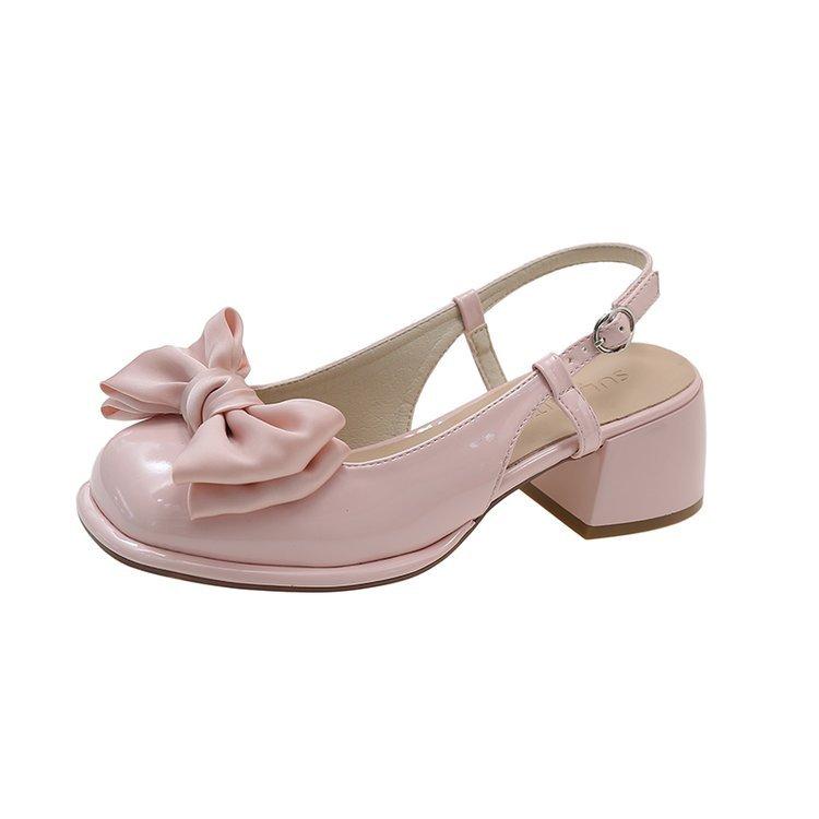 Fashion Square Toe Sandals Black Pink Women's Spring Summer New Shallow Bow Women's Shoes Thick Mid Heel Buckle Sandalias Mujer Verano
