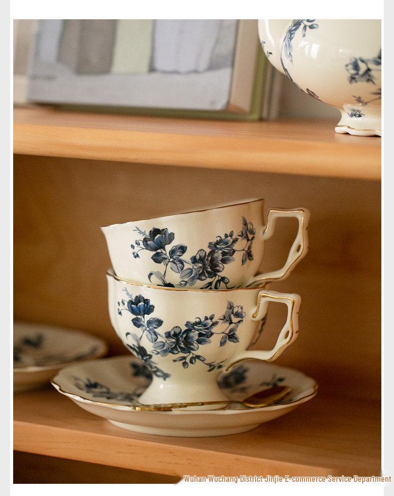 French Retro Blue & White Ceramic Tea Set: Cup, Saucer, Teapot for Elegant Afternoon Tea