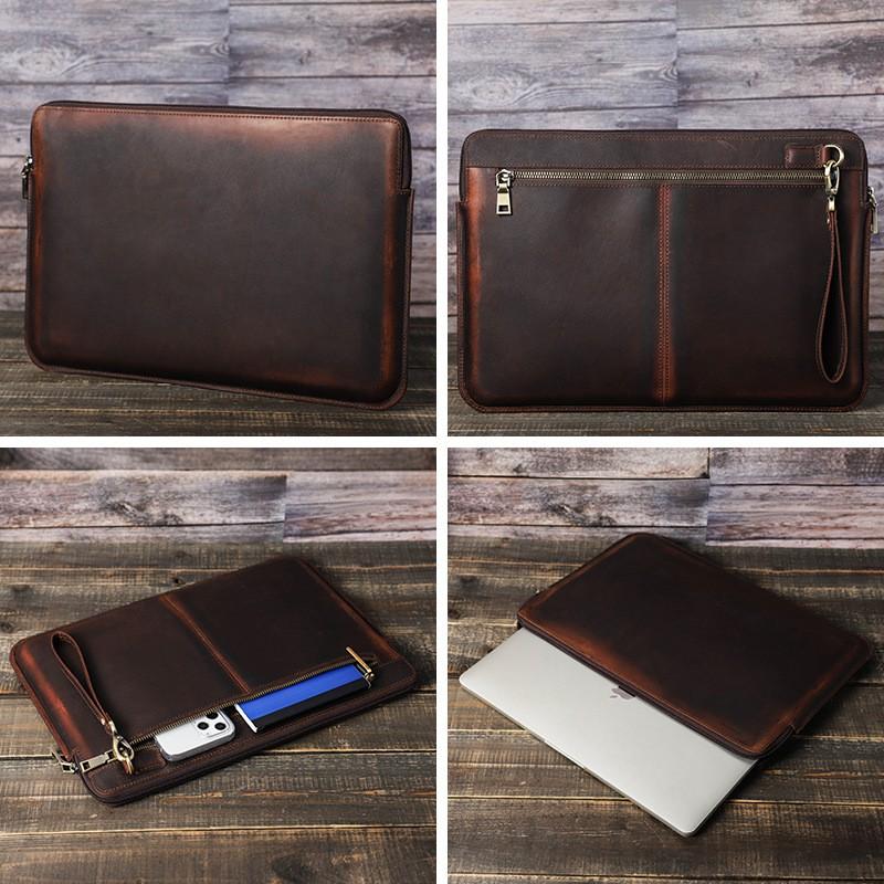 Genuine Leather MacBook Pro 15.4 16 Inch Sleeve With Wrist Strap Zipper Slim Protective Case