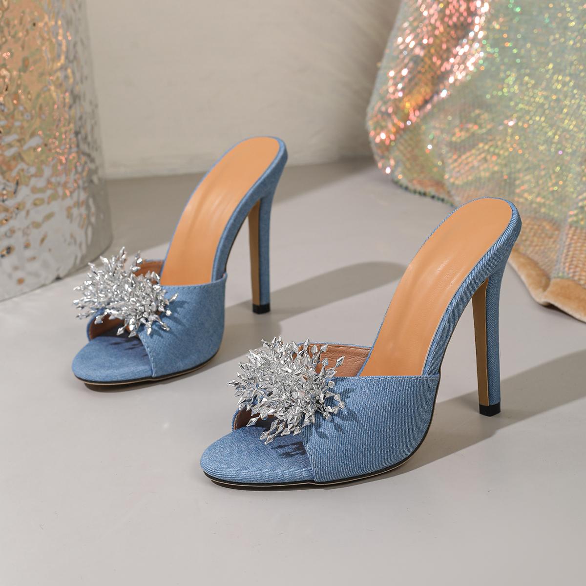 

Eilyken New Design Crystal Diamond Open Toe Slide Women Slippers Fashion Thin High Heels Banquet Party Summer Shoes 35 синій