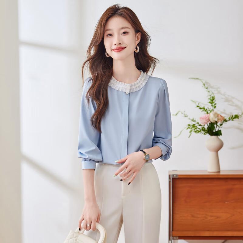 Women s Wrinkle-Free Elegant Lace Chiffon Round Neck Blouse S