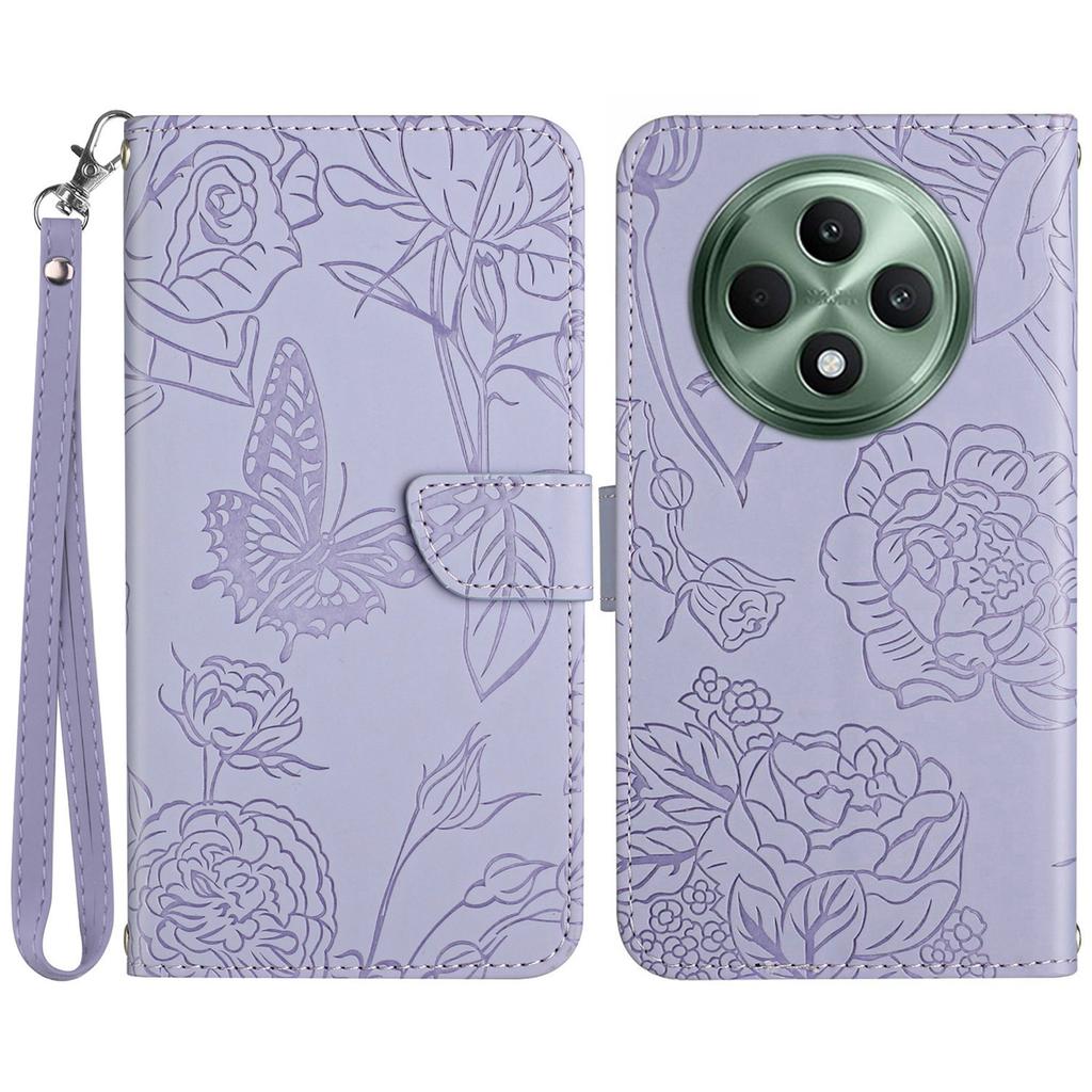 HT03 Für Oppo Reno12 F 5G Lederhülle mit Handschlaufe Schmetterling Blumen Prägung