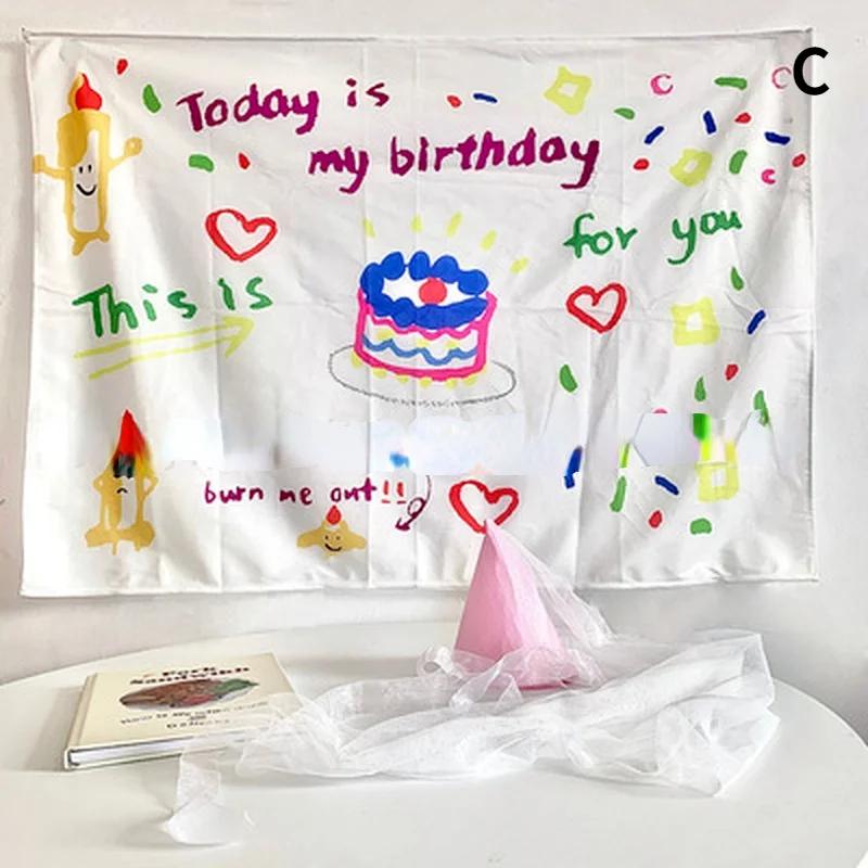 Kawaii Happy Birthday Background Tapestry Cloth Girls Dormitory Children's Room Wall Decoration Cartoon Home Party Decoration