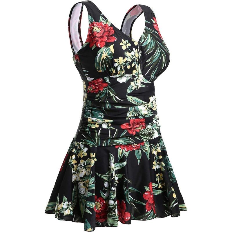 Women s Black Tropical Print Ruched V-Neck Swim Dress M