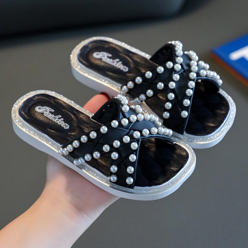 Girls' Princess Pearl Slippers: Non-Slip Indoor/Outdoor Summer Sandals for Toddlers