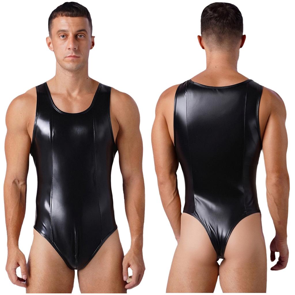 Mens Glossy Patchwork Sleeveless Bulge Pouch Back Zipper One Piece Bodysuit