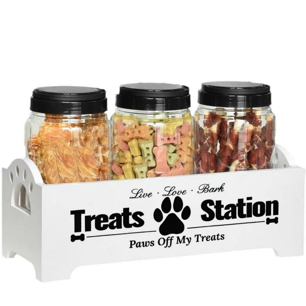 

Деревянная коробка для хранения лакомств для домашних животных с тремя банками, бутылка для хранения лакомств для домашних животных