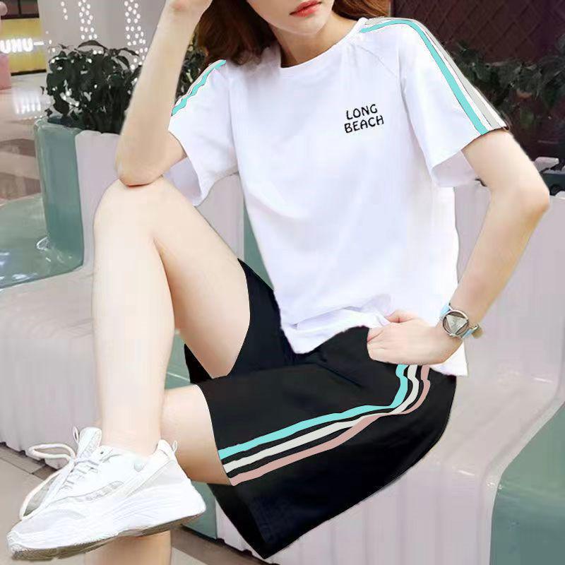 Women's Korean-Style Summer White Loose Plus Size Short Sleeve T-Shirt & Shorts Set