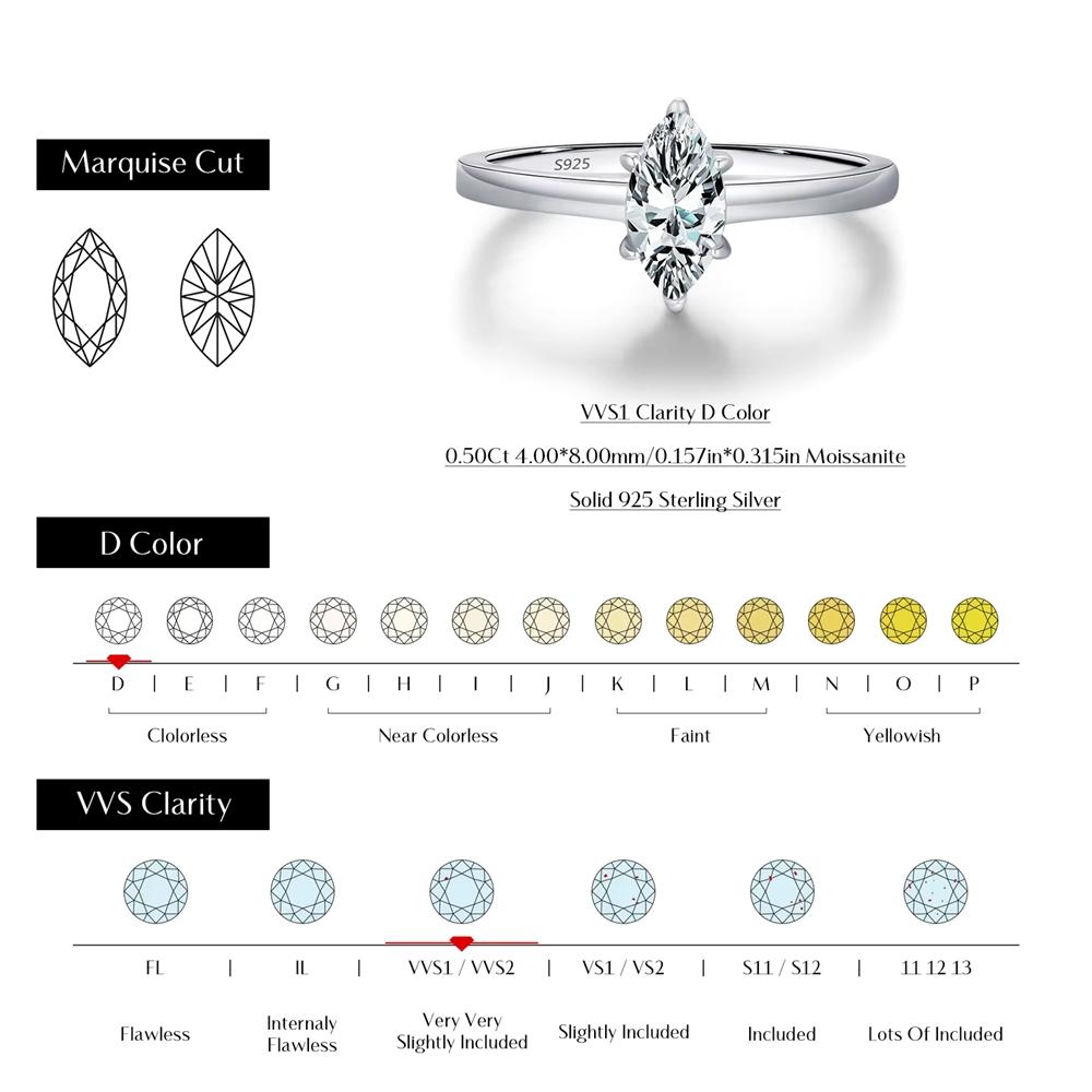 Real 925 Sterling Silver Exquisite Marquise Cut Moissanite Wedding Engagement Band Rings for Women Fine Jewelry