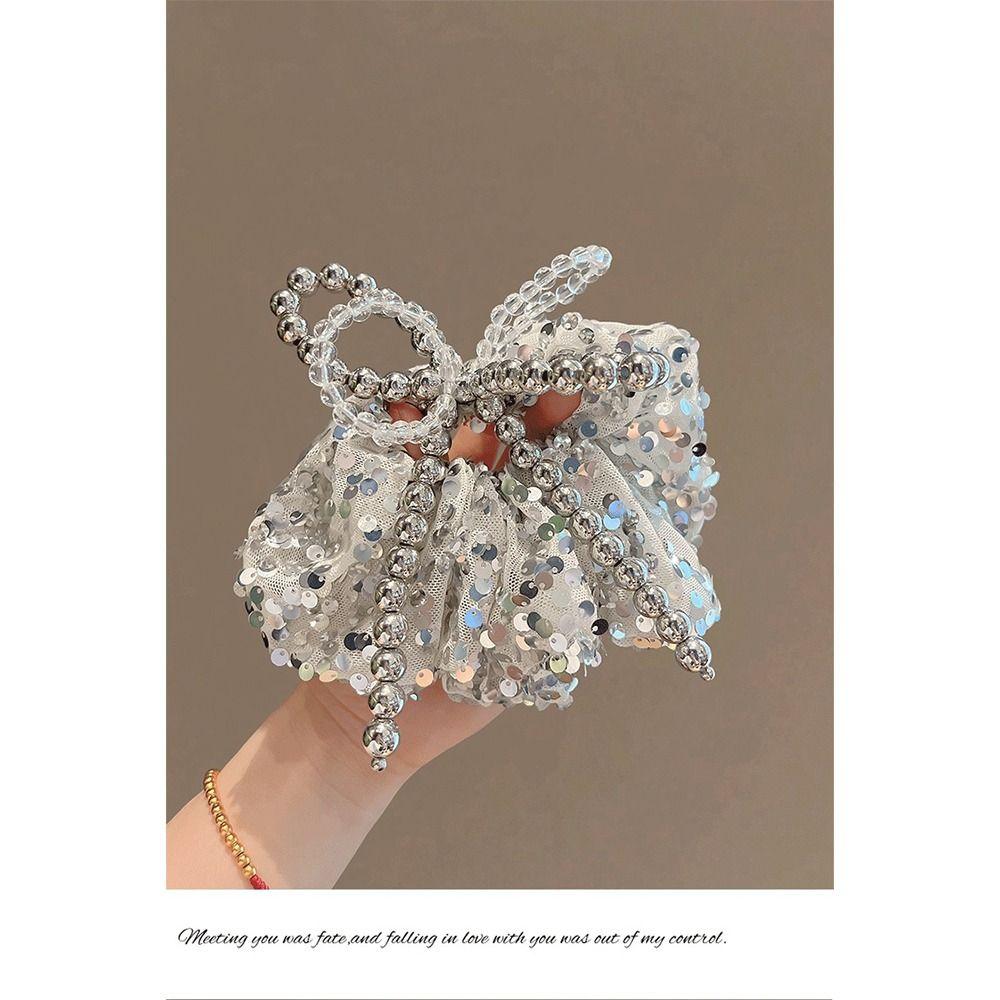 Silver Elastic Hair Tie Beaded Hair Bands 2025 New Bowknot Hair Scrunchie  for Women Girls