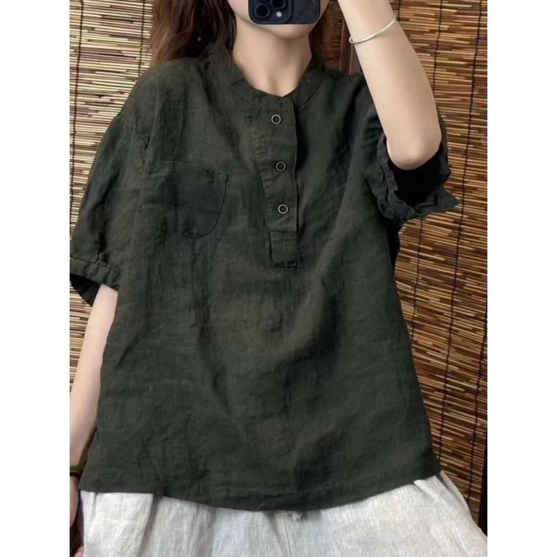 Retro Cotton Linen Short Sleeve Loose Summer Shirt