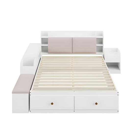 140 X 200cm Storage Bed with Drawers Headboard Built-in Storage Compartment Bedside Table Sofa Bench Strong Wood Slat Support Bed Home Furniture